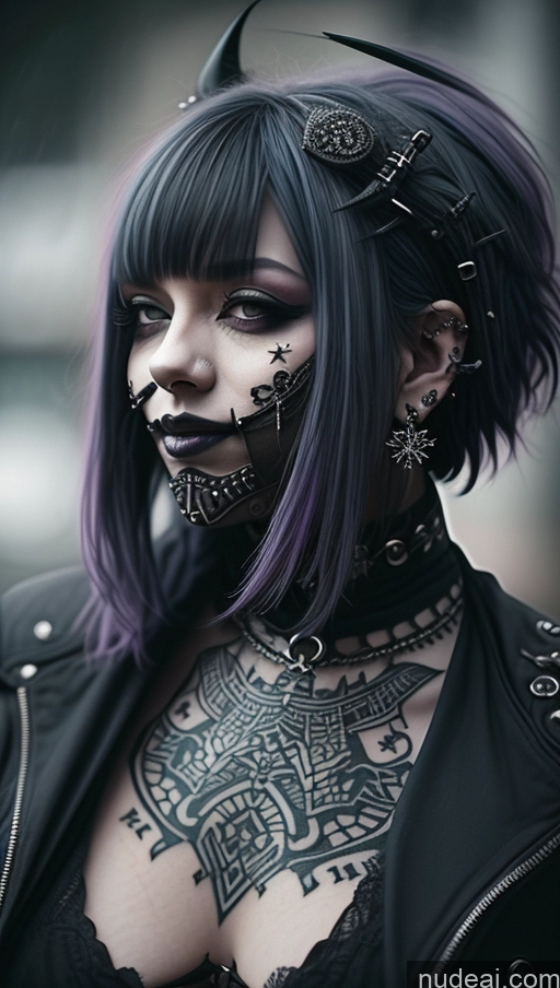 ai nude image of arafed woman with black and purple hair and piercings pics of Milf Busty Perfect Boobs Chubby Short Hair Laughing Purple Hair Ethiopian Snow Close-up View Goth Gothic Punk Girl Tattoos