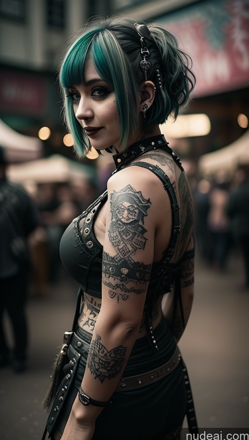 ai nude image of araffe woman with green hair and tattoos on her chest pics of Milf Busty Chubby Short Hair Laughing Ethiopian Tattoos Perfect Boobs Gothic Punk Girl Club Close-up View Green Hair Steampunk