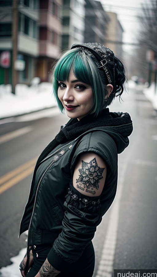 ai nude image of arafed woman with green hair and tattoos standing on the side of the road pics of Milf Chubby Short Hair Ethiopian Tattoos Gothic Punk Girl Green Hair Laughing Perfect Boobs Busty Jacket Close-up View Snow