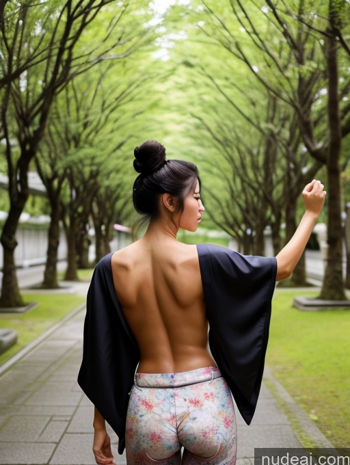 ai nude image of arafed woman in floral pants walking down a sidewalk with a black cape pics of Beautiful Muscular Abs Big Ass Big Hips Long Legs Perfect Body 18 Short Black Hair Japanese Pubic Hair Kimono Hair Bun Miss Universe Model Perfect Boobs Back View T-pose