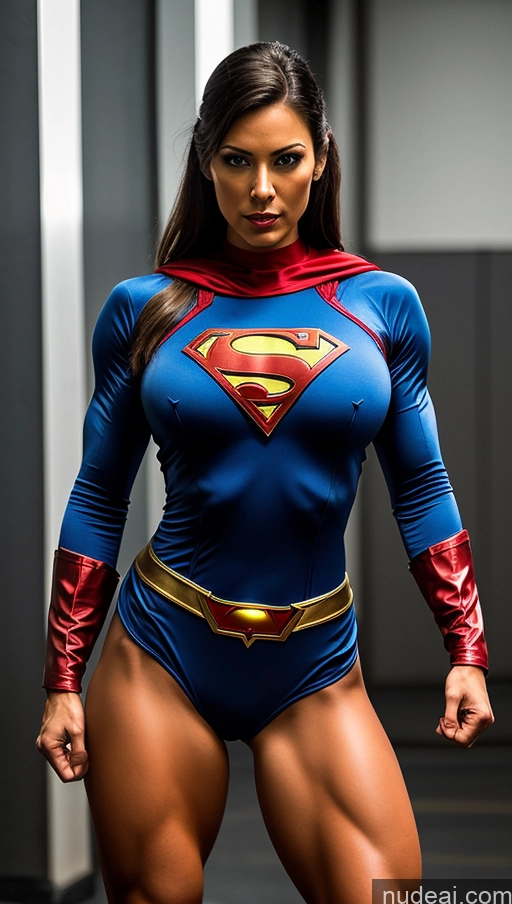 ai nude image of arafed woman in a superman costume posing for a picture pics of Muscular Abs Perfect Boobs Powering Up Superhero Military Superheroine Several Dynamic View Heat Vision