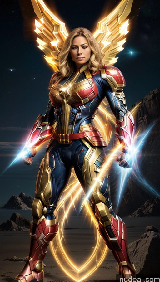 ai nude image of a close up of a woman in a costume with wings pics of Several Bodybuilder Busty Muscular Abs Powering Up Captain Marvel SuperMecha: A-Mecha Musume A素体机娘 Has Wings