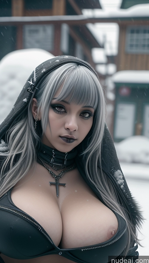 ai nude image of arafed woman in a black outfit with a hood on pics of Athlete Huge Boobs Perfect Boobs Ethiopian Snow Close-up View Gothic Punk Girl