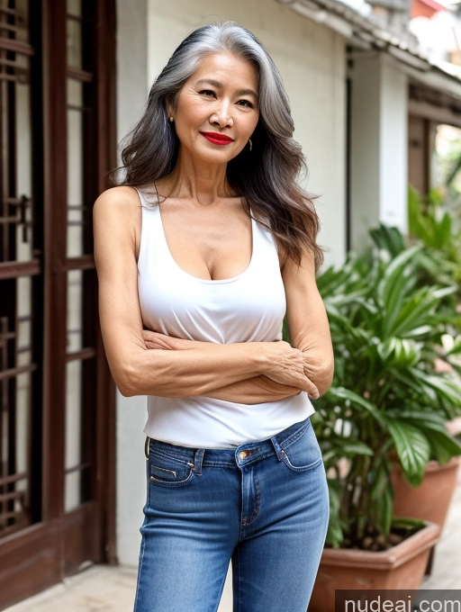 ai nude image of arafed woman in white tank top and jeans standing in front of a building pics of Milf Beautiful Lipstick Skinny 70s Long Hair Jeans Tank Top Vietnamese Cleavage