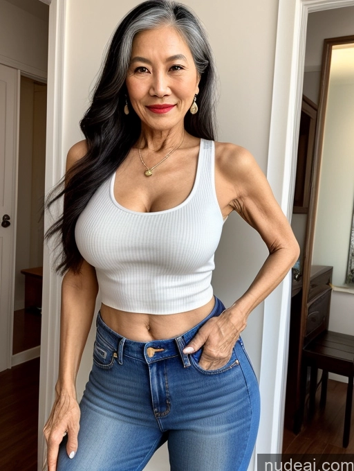 ai nude image of a close up of a woman in jeans and a white tank top pics of Milf Beautiful Lipstick Skinny 70s Long Hair Jeans Tank Top Vietnamese Cleavage