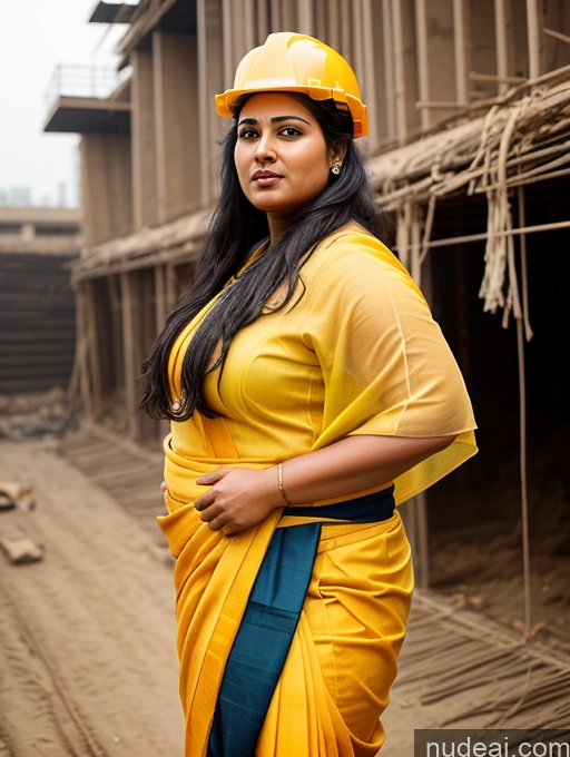 ai nude image of there is a woman in a yellow shirt and a yellow hard hat pics of Woman Chubby 30s Black Hair Long Hair Sari Front View Construction Worker