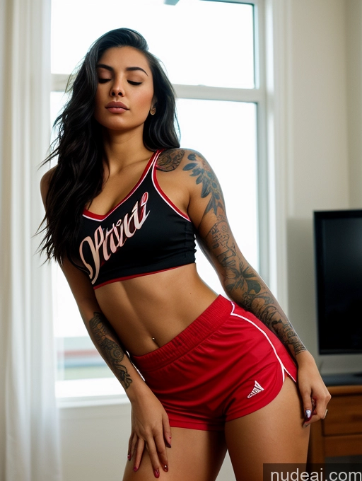 ai nude image of arafed woman in a sports bra top and red shorts posing for a picture pics of Woman One Perfect Boobs Tattoos Big Ass Perfect Body 18 Orgasm Black Hair Long Hair Latina Painting Bedroom Side View Gaming Basketball Cleavage Bright Lighting Crop Top