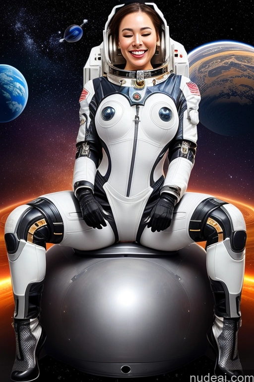 ai nude image of arafed woman in a space suit sitting on a ball pics of Cyborg Perfect Boobs Small Tits Perfect Body 30s Happy Orgasm Space Suit