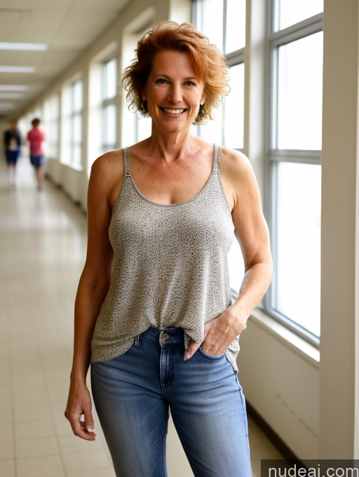 ai nude image of smiling woman in a gray tank top and jeans standing in a hallway pics of Milf Small Tits Skinny Big Hips Long Legs Tall Pubic Hair 60s Happy Brunette Messy Irish High Heels Teacher School Hallway Jeans Front View Tank Top