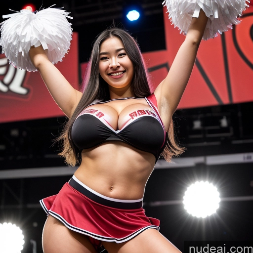 ai nude image of arafed cheerleader in a black and red outfit holding pom poms pics of Busty Huge Boobs Beautiful Tattoos Lipstick Big Ass Skinny Big Hips Long Legs Short Perfect Body Long Hair 18 Happy White Hair Korean Cheerleader Microskirt Two Stage