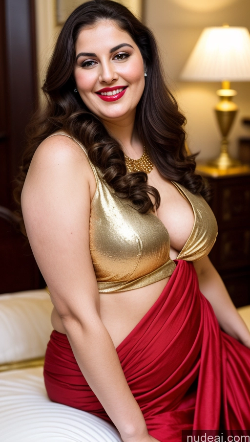 ai nude image of araffe woman in a gold top and red skirt posing for a picture pics of Milf Busty Beautiful Lipstick Thick Big Hips Chubby Fat Fairer Skin 20s Happy Seductive Brunette Long Hair Russian Party Front View Straddling Sari Blouse Dirndl Victorian Cleavage Gold Jewelry