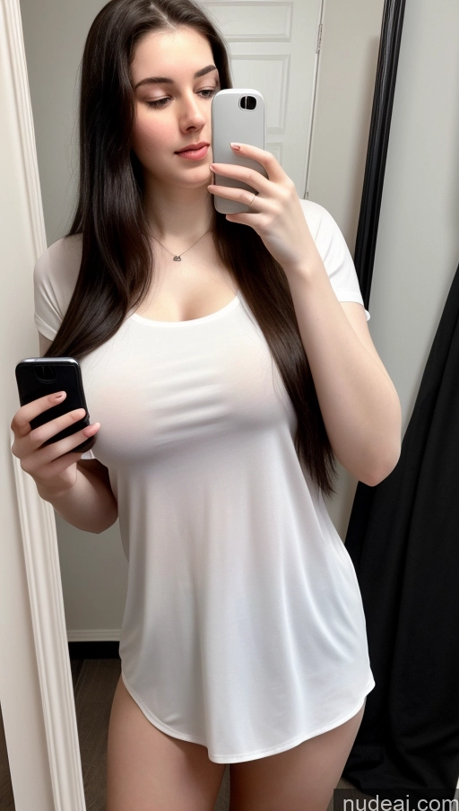 ai nude image of araffe woman taking a selfie in a mirror with her cell phone pics of Perfect Boobs Beautiful Thick Fairer Skin 18 Russian Close-up View Shirt Long Hair Black Hair Mirror Selfie