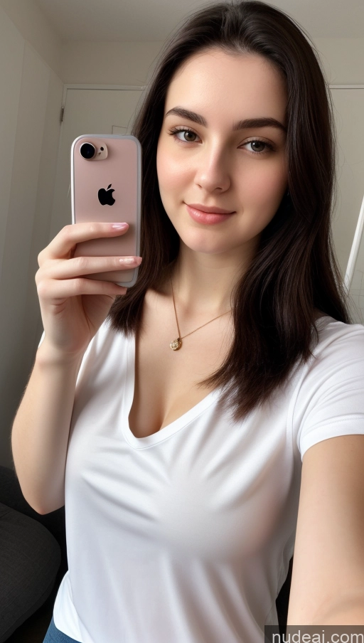 ai nude image of there is a woman taking a selfie with her cell phone pics of Perfect Boobs Beautiful Thick Fairer Skin 18 Russian Close-up View Shirt Long Hair Black Hair Mirror Selfie Two