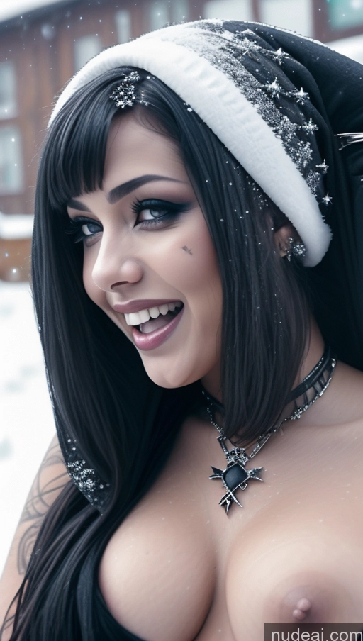 ai nude image of araffed woman with a santa hat and a black jacket pics of Busty Perfect Boobs Laughing Ginger Ethiopian Snow Close-up View Miss Universe Model Chubby Gothic Punk Girl