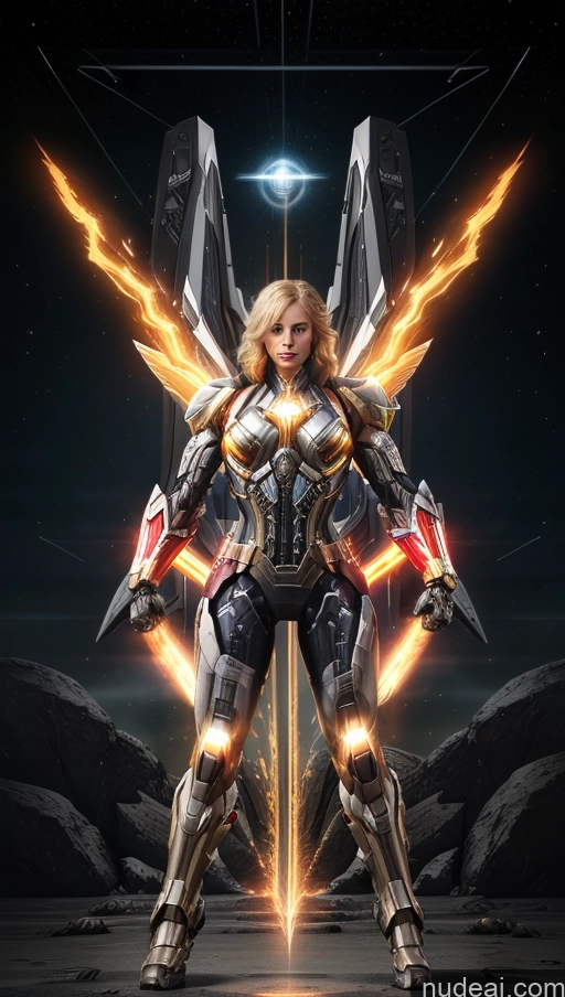 ai nude image of a woman in armor standing in front of a sci - themed background pics of Busty Muscular Abs Several SuperMecha: A-Mecha Musume A素体机娘 Captain Marvel Powering Up Cyborg Has Wings Dynamic View Heat Vision Science Fiction Style Battlefield