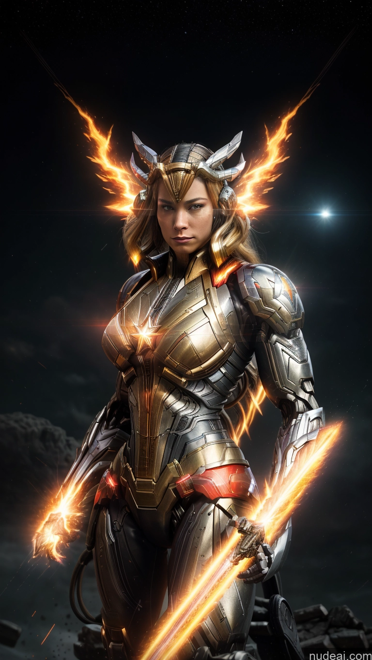 ai nude image of a close up of a woman in armor holding a sword pics of Busty Muscular Abs Several Captain Marvel Powering Up Cyborg Has Wings Dynamic View Heat Vision Science Fiction Style Battlefield SSS: A-Mecha Musume A素体机娘