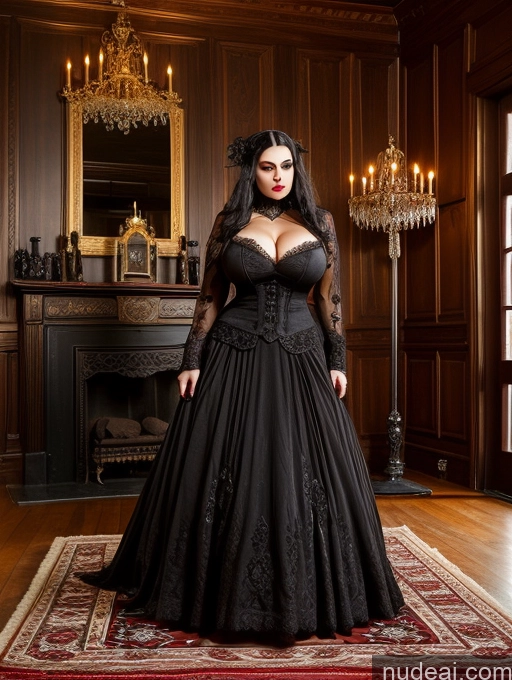 ai nude image of arafed woman in a black dress standing in a room pics of Athlete One Busty Huge Boobs Perfect Boobs Abs Big Hips Big Ass Huge Tits, Hard Nipples 20s Seductive Sexy Face Black Hair Swedish Victorian Parlor Goth Vampire Victorian Goth Gals V2 Simple