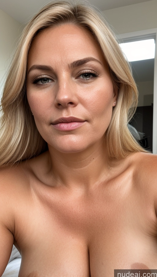 ai nude image of blond woman with big tits posing for a selfie in a bedroom pics of Chubby Skin Detail (beta) Blonde Bedroom Detailed Close-up View 50s Serious Cumshot