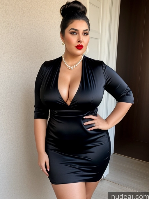 ai nude image of a woman in a black dress posing for a picture pics of Chubby Fat Thick Big Ass Big Hips Short 80s Hair Bun Dress Pearl Jewelry Huge Boobs Shocked Arabic Satin Lipstick Black Hair 60s