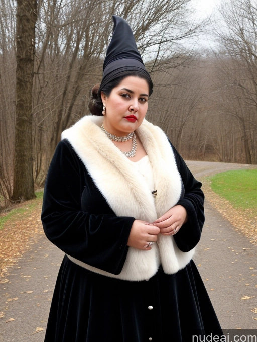 ai nude image of arafed woman in a black dress and a white fur stole pics of Chubby Fat Thick Big Ass Big Hips Short 80s Hair Bun Dress Pearl Jewelry Huge Boobs Shocked Arabic Lipstick Black Hair 60s Witch Fur