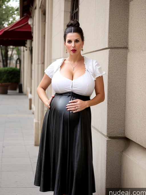 ai nude image of pregnant woman in a white top and black leather skirt posing for a picture pics of Short Dress Pearl Jewelry Huge Boobs Shocked Lipstick Skinny Victorian 60s Busty Angry Long Skirt Leather Pregnant Brunette Hair Bun 40s Jewish