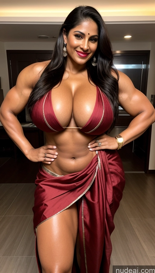 ai nude image of a woman in a red sari posing for a picture pics of Bodybuilder Busty Huge Boobs Beautiful Tattoos Lipstick Muscular Big Ass Abs Thick Big Hips Long Legs Tall Perfect Body Oiled Body Happy Indian Front View Sari Traditional Diamond Jewelry Dark Lighting Detailed Sexy Face