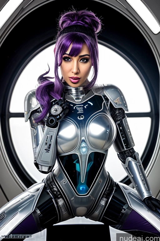 ai nude image of arafed woman in a futuristic suit posing for a picture pics of Cyborg One Perfect Body 30s Ahegao Purple Hair Arabic Front View Sci-fi Armor Transparent