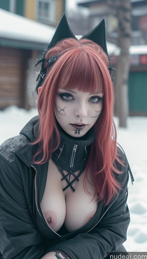 ai nude image of arafed woman with red hair and black cat ears posing in the snow pics of Busty Perfect Boobs Ginger Close-up View Spread Pussy Gothic Punk Girl Ethiopian Athlete Snow