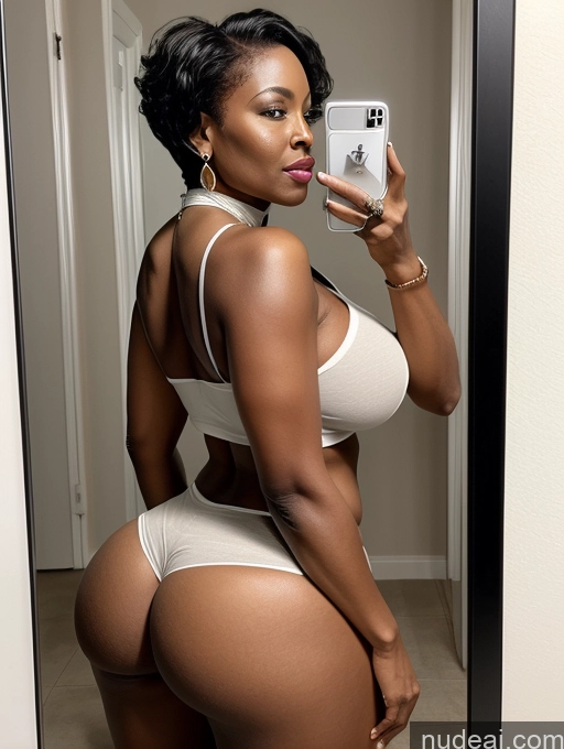 ai nude image of there is a woman taking a picture of herself in a mirror pics of Milf Huge Boobs Big Ass Big Hips 60s Seductive White Hair Pixie African Mirror Selfie Bathroom Front View Choker Jewelry