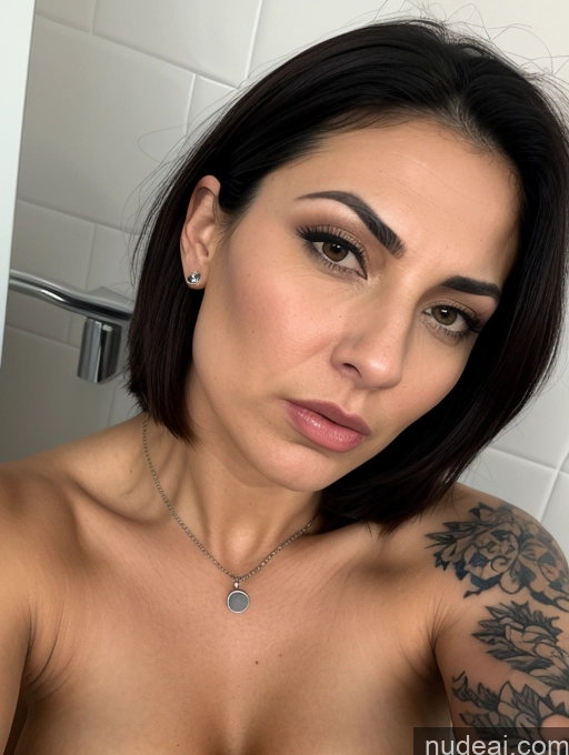 ai nude image of there is a woman with a tattoo on her arm taking a selfie pics of Bending Over Close-up View Tattoos Busty Tanned Skin Sexy Face Shocked Sad Serious Seductive Black Hair Bobcut Jewish Bathroom Milf Angry 20s