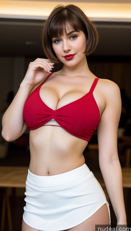 ai nude image of araffe woman in a red top and white skirt posing for a picture pics of Busty Perfect Boobs Beautiful Lipstick Thick Fairer Skin 18 Brunette Russian Party Close-up View Short Hair Crop Top Micro Skirt