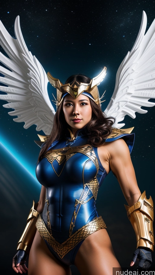 ai nude image of arafed woman in a blue and gold costume with wings pics of Bodybuilder Abs Superhero Angel Viking SSS: A-Mecha Musume A素体机娘 Heat Vision Busty Science Fiction Style Dynamic View Several Cosplay Muscular Powering Up China Dress Of Kisaki (Blue Archive) Space