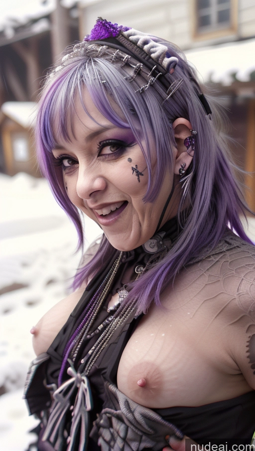 ai nude image of araffe with purple hair and piercings posing for a picture pics of Huge Tits, Hard Nipples Laughing Purple Hair Ethiopian Snow Close-up View Gothic Punk Girl Milf Dance Dress: Flamenco Bra Pull Down