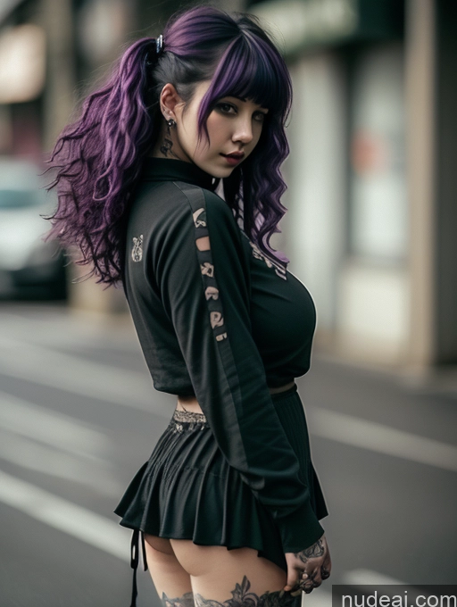 ai nude image of arafed woman with purple hair and tattoos on her chest pics of Two Busty Huge Boobs Beautiful Tattoos Big Ass Big Hips Short Perfect Body 18 Purple Hair Messy Skirt Tug Dress Tug Clothes Tug Gothic Punk Girl