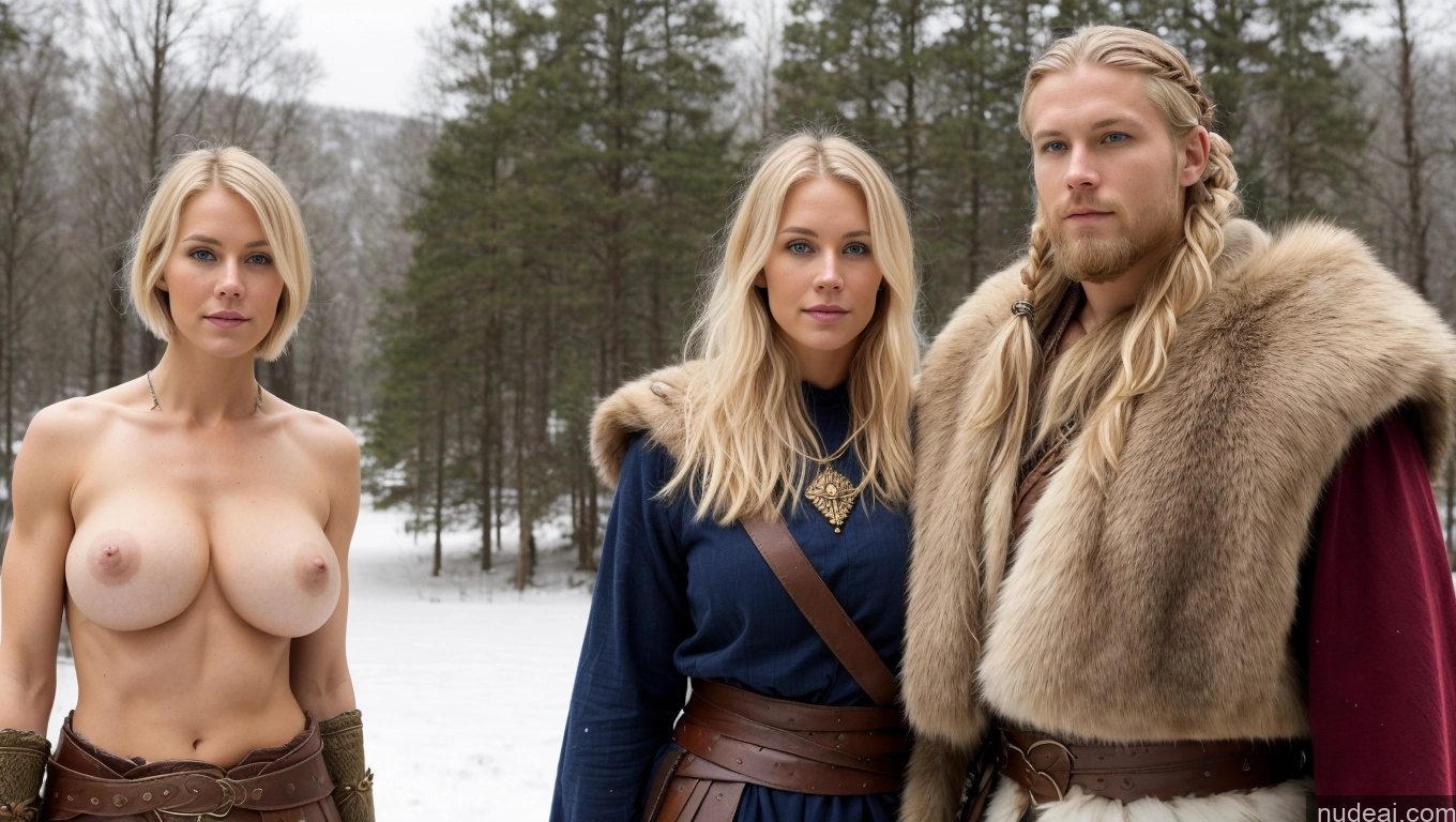 ai nude image of arafed woman with a breast standing next to two men in a snowy forest pics of Huge Boobs Muscular Abs Long Legs Tall Perfect Body 30s Serious Blonde Scandinavian Snow Short Hair Woman + Man Viking