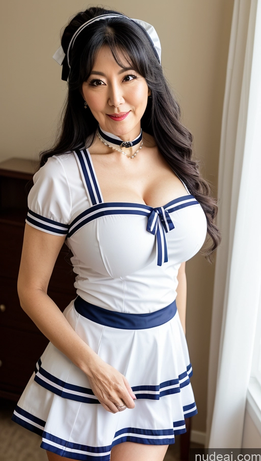 ai nude image of arafed woman in a sailor costume posing for a picture pics of Milf Busty Beautiful Big Ass Big Hips Pubic Hair Fairer Skin Black Hair Cosplay 70s Korean Choker Maid Sailor Mini Skirt