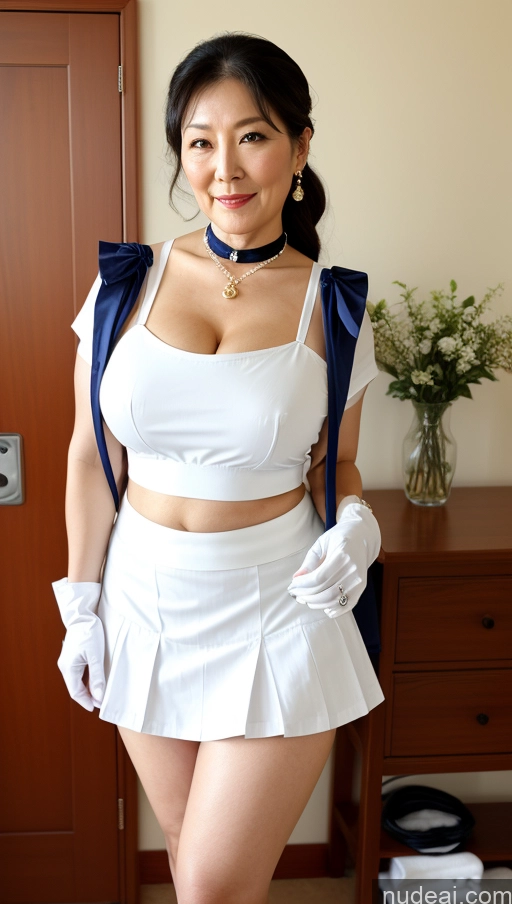 ai nude image of there is a woman in a white skirt and a blue jacket pics of Milf Busty Beautiful Big Ass Big Hips Pubic Hair Fairer Skin Black Hair 70s Korean Choker Maid Sailor Mini Skirt