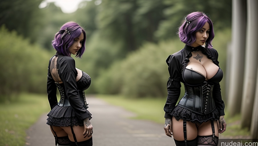 ai nude image of there are two women in corsets walking down a path pics of Milf Several Busty Huge Boobs Beautiful Tattoos Big Ass Big Hips Short Perfect Body Gothic Punk Girl 18 Purple Hair Pixie Latina Front View Corset Microskirt