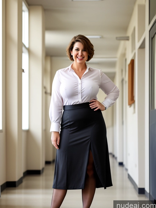 ai nude image of arafed woman in a skirt and white shirt standing in a hallway pics of Teacher Big Ass Big Hips Short Long Skirt Pantyhose 50s Happy Brunette White Pixie Blouse Busty School Hallway High Heels