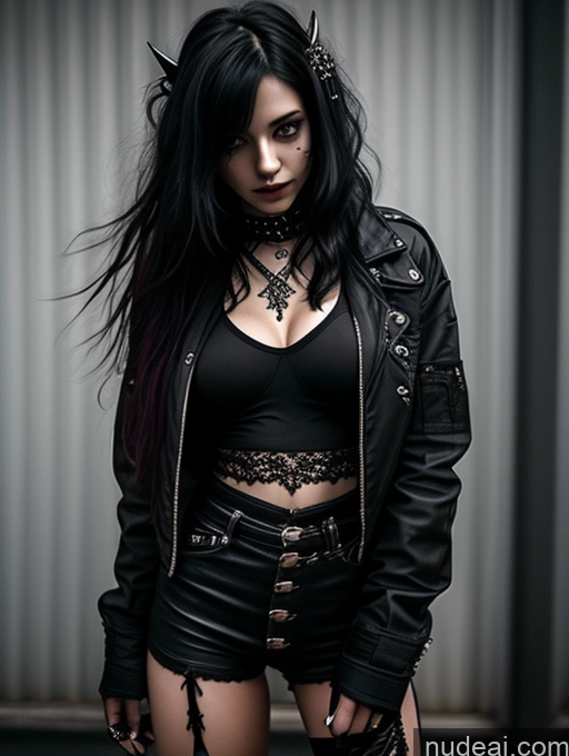 ai nude image of gothic woman in black leather outfit posing for a picture pics of Busty Perfect Boobs Close-up View Gothic Punk Girl Model Perfect Body Beautiful 18 Black Hair Long Hair Russian Bedroom One Casual