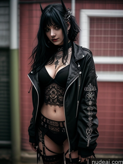 ai nude image of araffe woman in black leather jacket and lingersuit posing for a picture pics of Busty Perfect Boobs Close-up View Gothic Punk Girl Model Perfect Body Beautiful 18 Black Hair Long Hair Russian Bedroom One Casual Detailed