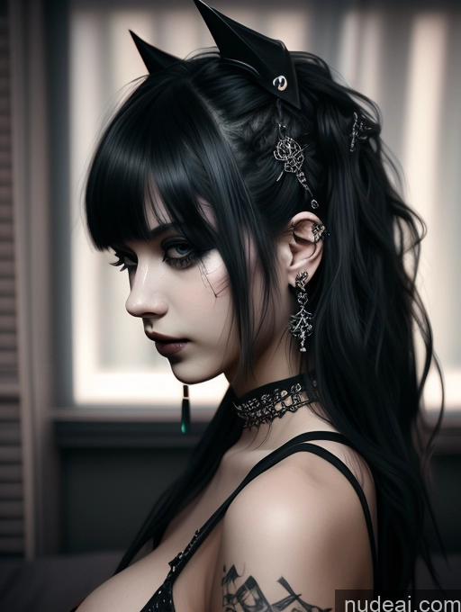 ai nude image of arafed woman with black hair and piercings posing for a picture pics of Busty Perfect Boobs Close-up View Gothic Punk Girl Model Perfect Body Beautiful 18 Black Hair Long Hair Russian Bedroom One Casual Detailed 3d