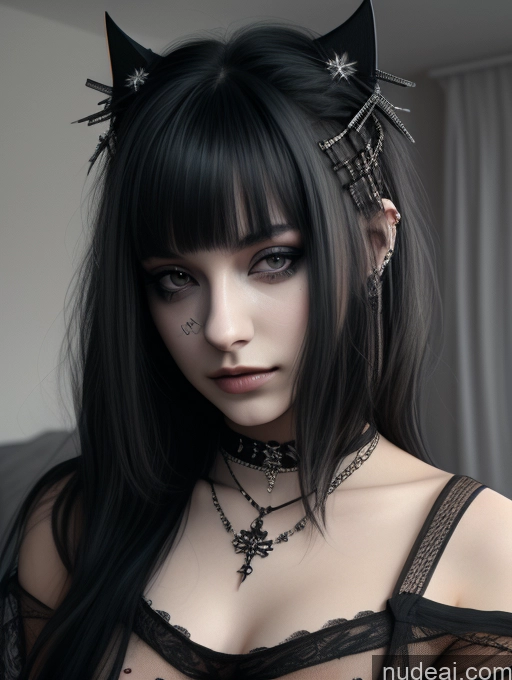 ai nude image of gothic woman with black hair and cat ears posing for a picture pics of Busty Perfect Boobs Close-up View Gothic Punk Girl Model Perfect Body Beautiful 18 Black Hair Long Hair Russian Bedroom One Casual Detailed 3d