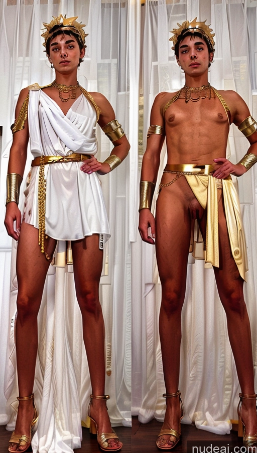 ai nude image of two pictures of a man in a costume and a woman in a dress pics of 18 70s Detailed Onoff Skinny Menstoga, White Robes, In White And Gold Costumem, Gold Headpiece, Gold Belt, Gold Chain