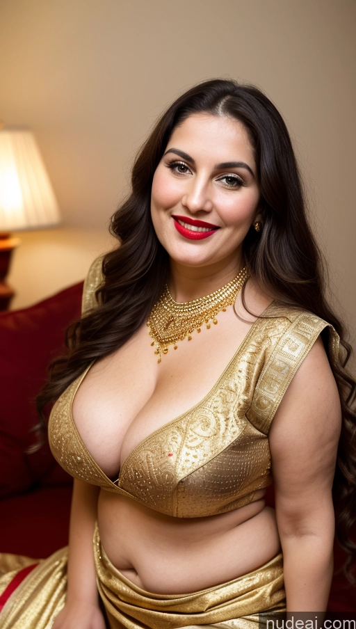 ai nude image of araffe woman in a gold sari posing for a picture pics of Milf Busty Beautiful Lipstick Thick Chubby Big Hips Fat Fairer Skin 20s Happy Seductive Brunette Long Hair Russian Party Front View Straddling Sari Blouse Dirndl Victorian Cleavage Gold Jewelry