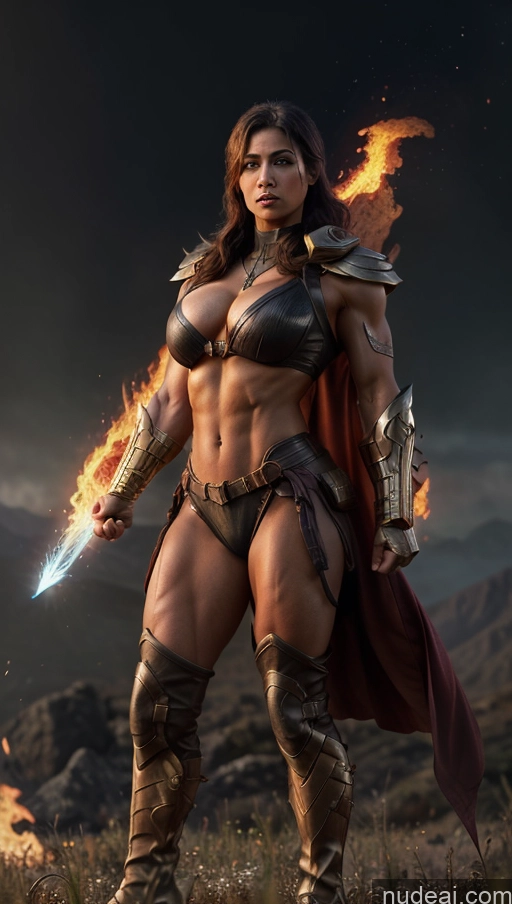 ai nude image of arafed woman in armor with sword and fire in a field pics of Several Busty Muscular Abs Persian Science Fiction Style Superhero Bodybuilder Powering Up Has Wings Battlefield