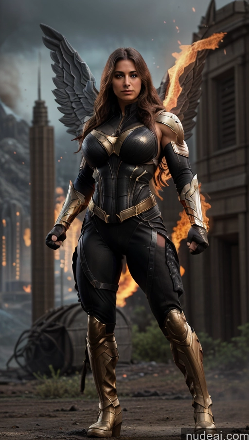 ai nude image of arafed woman in a black and gold outfit standing in front of a city pics of Several Busty Muscular Abs Persian Science Fiction Style Superhero Bodybuilder Powering Up Has Wings Battlefield