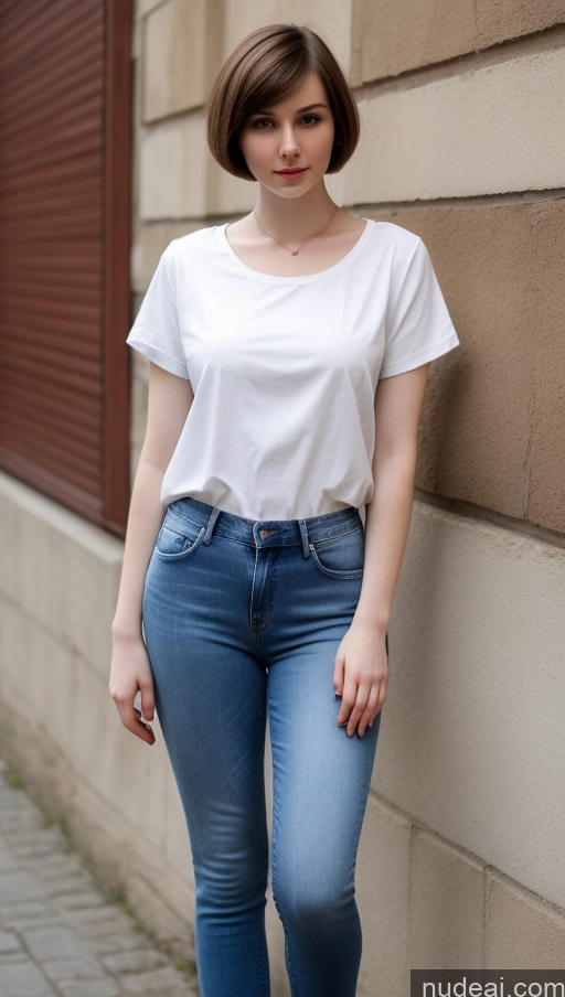 ai nude image of arafed woman in white shirt and jeans leaning against a wall pics of Beautiful Big Hips Short Hair Fairer Skin 18 Brunette Russian Skinny Small Tits Jeans Shirt