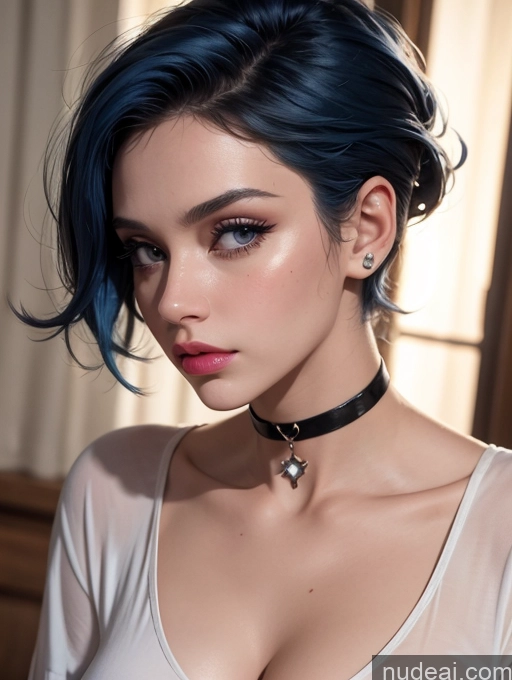 related ai porn images free for Model Skinny Fairer Skin 30s Pouting Lips Blue Hair Pixie Shirt Cleavage Bows Choker