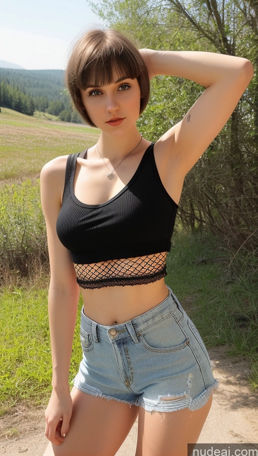 Small Tits Beautiful Skinny Short Hair Fairer Skin 18 Brunette Russian One Fishnets & Shorts